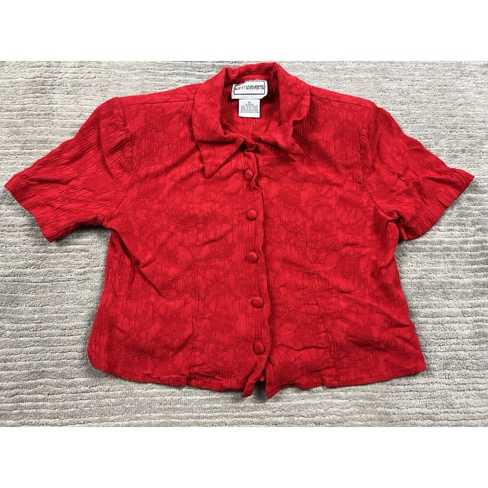 Vtg Karin Stevens Blouse Top Womens 12 Red Textured Shortsleeve Open Back 90s